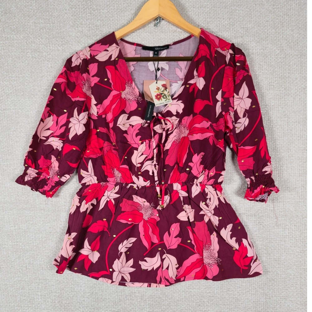 Harve Benard Womens Floral V-Neck Peplum Top Burgundy Pink Gold Foil Size Medium